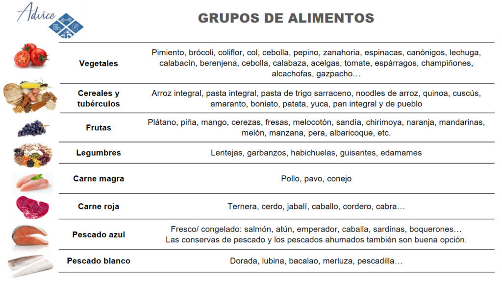 Grupos de alimentos: vegetales, cereales, frutas, legumbres, carnes y pescados